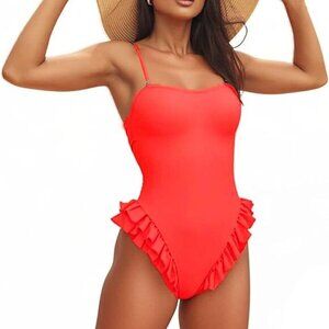 Cute Hot Red Swimsuit Ruffled Monokini High Cut Size Med NWOT #2254